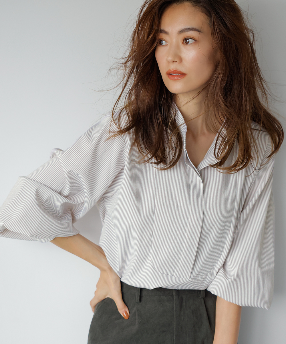 ベージュストライプバンドカラーブラウス | ラインナップ | ファッションレンタル【EDIST. CLOSET】